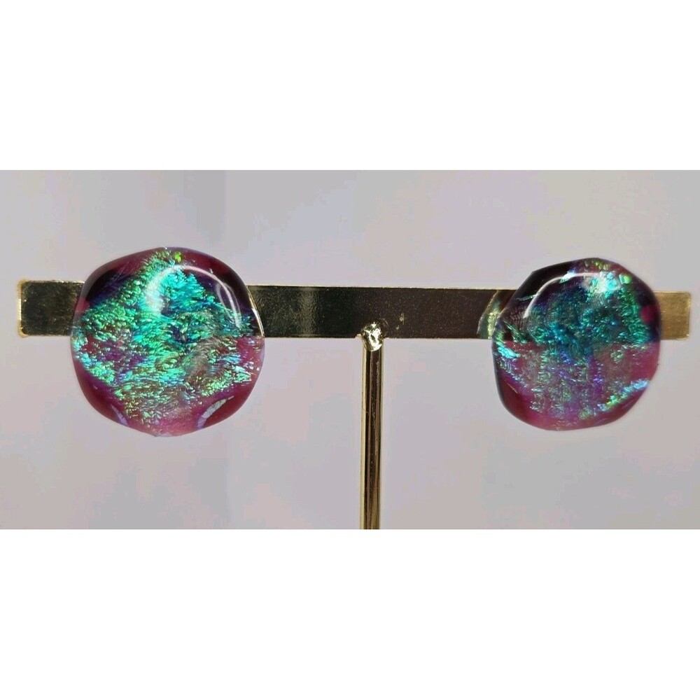 Vintage Handcrafted Fused Dichroic Art Glass Stud Earrings Iridescent Green/Purp